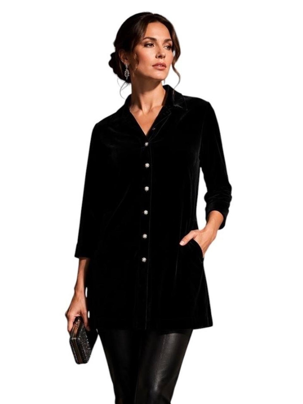 J. JILL Black Mixed Media Velvet & Lace Tunic Blouse w/Ornate Buttons Silk Sz MP